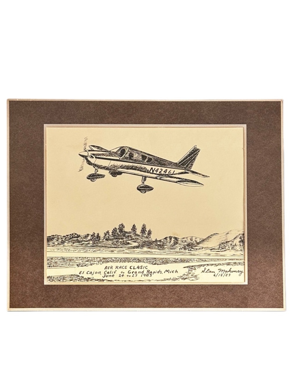Stan Mahoney 1983 ink art signed date Piper PA28 Cherokee low wing single engine